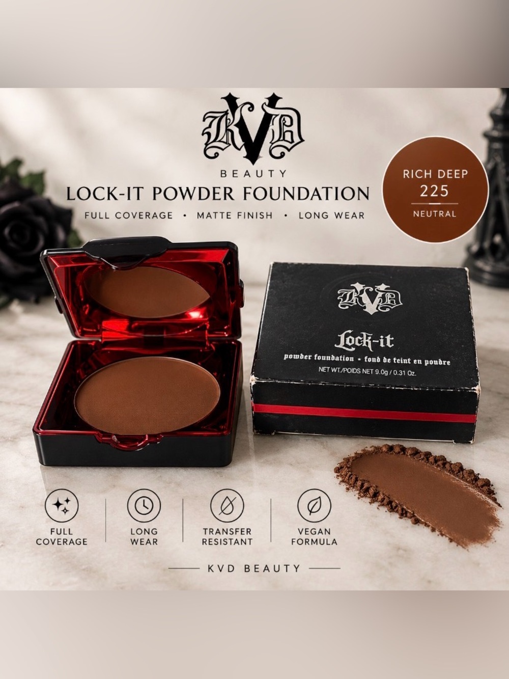 KVD Beauty Lock-It Powder Foundation Rich Deep 225 Full Coverage Matte 9g